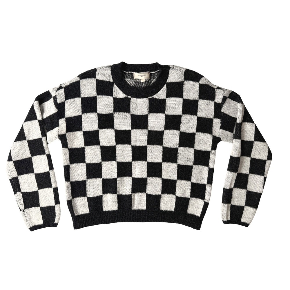 No Comment Checkerboard Sweater Womens XL Black‎ White Excellent Fuzzy Crewneck